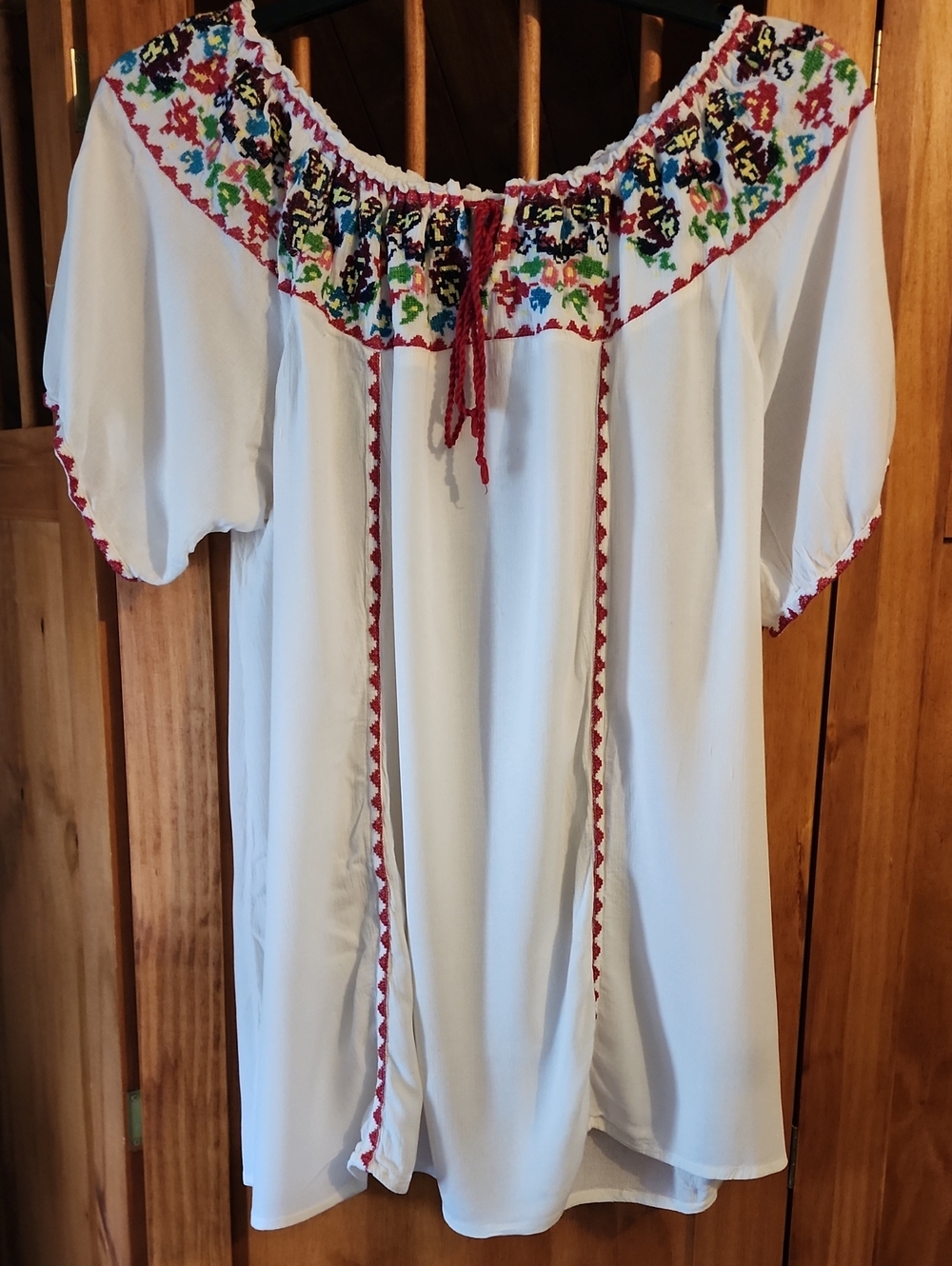 White Embroidered Peasant Blouse with Multicolor Yoke